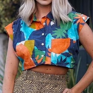 Zara Multicolor Tropical Print Cropped Shirt